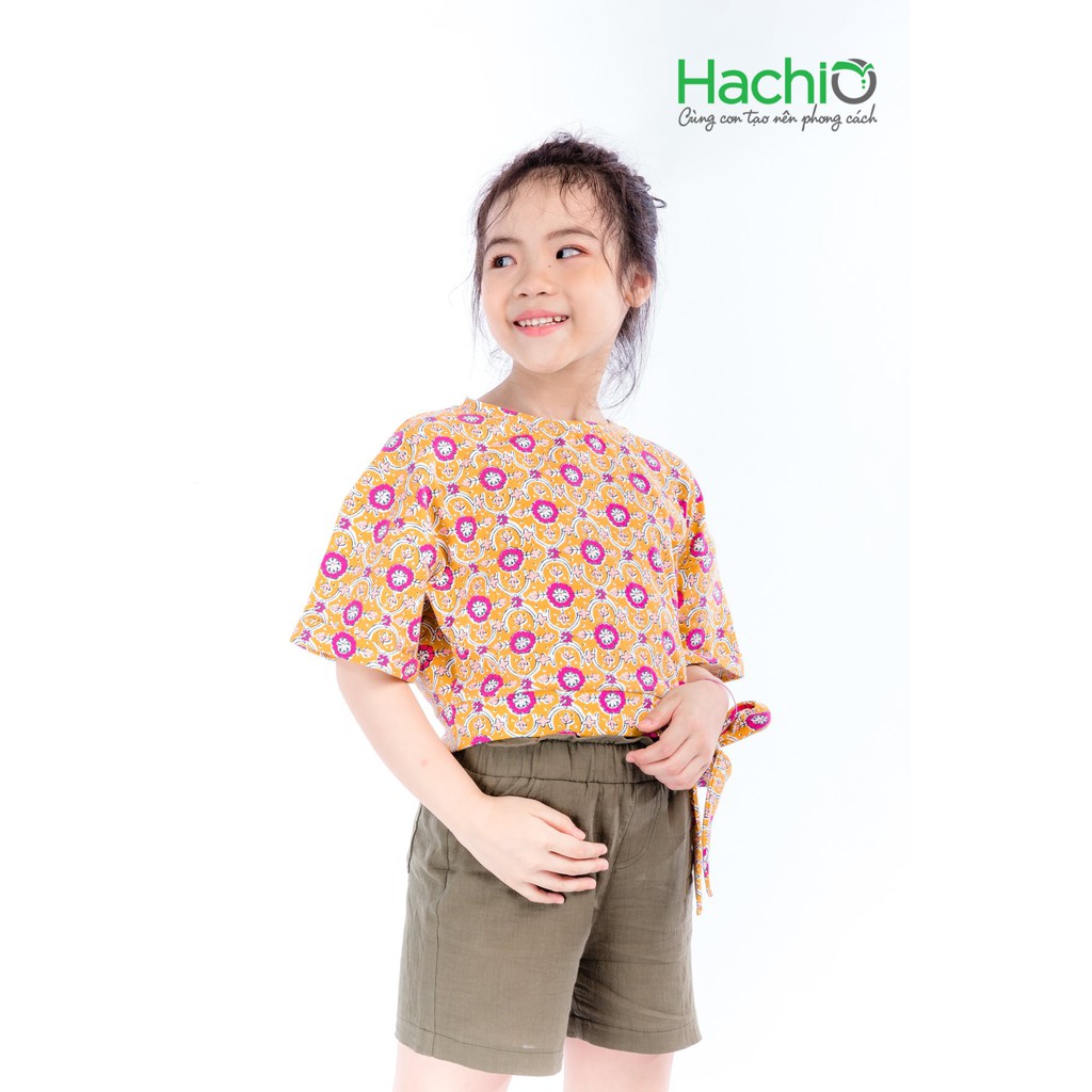Áo croptop bé gái ngắn tay thắt nơ eo in hình họa tiết