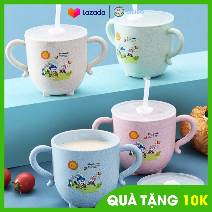 Cốc tập uống nước lúa mạch có quai cầm và nắp đậy chống tràn cho bé
