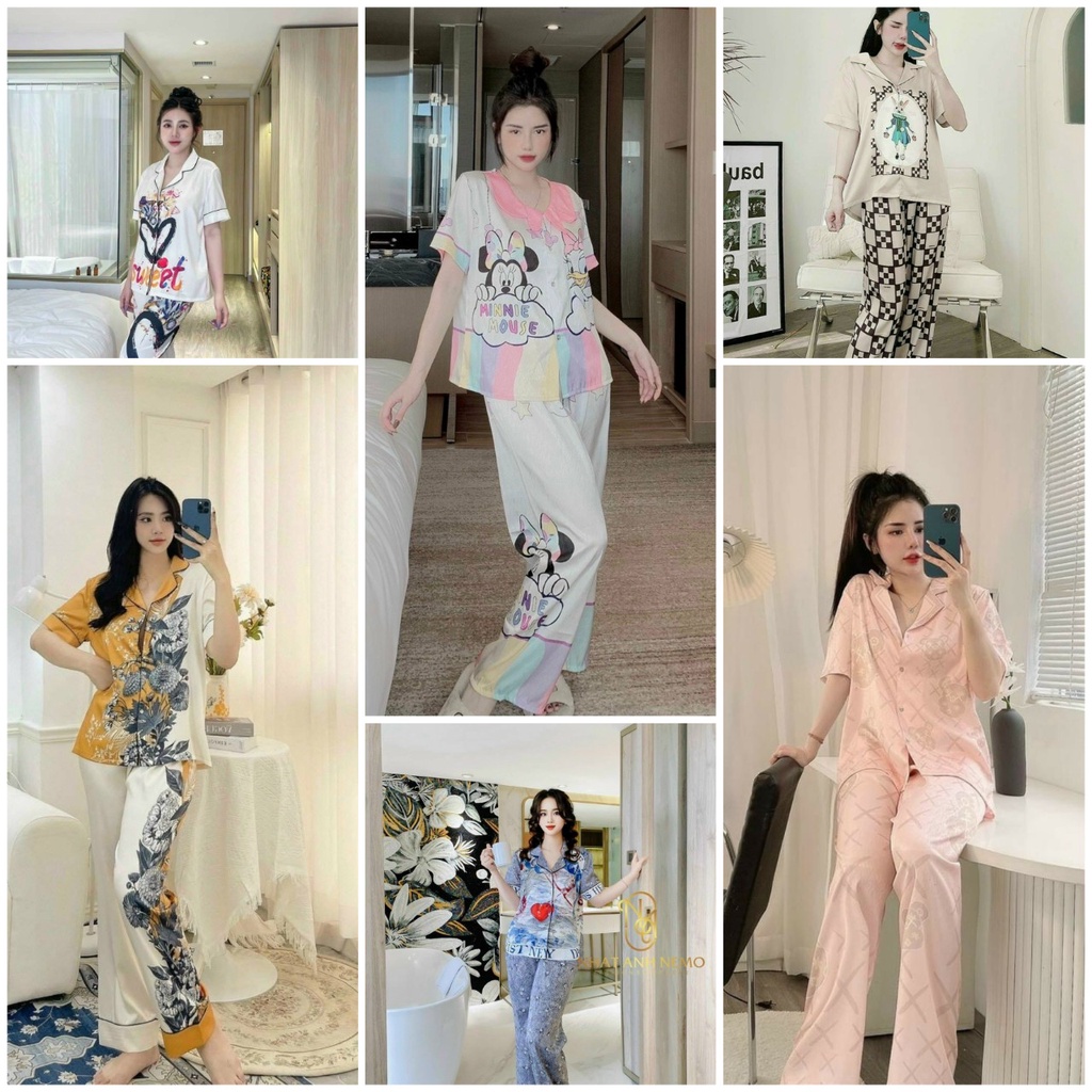 Đồ ngủ đồ bộ pyjama nữ tay ngắn quần dài chất lụa xước cao cấp freesize