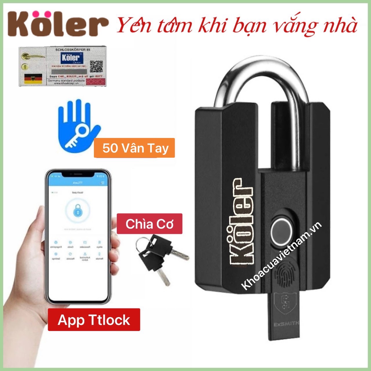 Khóa vân tay koler ổ khóa vân tay thông minh chống nước. mở bằng vân tay, app và chìa cơ.