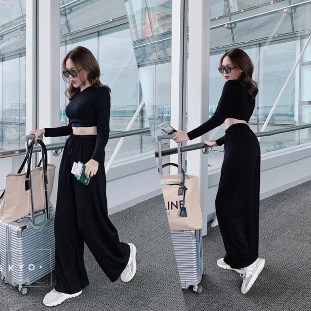 Sét Đồ Bộ Nữ Thể Thao Áo Croptop Tay Dài & Quần Ống Rộng Thiết Kế Sang Chảnh Đi Làm Công Sở, Đi Chơi Du Lịch Cực Xinh Đẹp Beta Fashion, Free Size (40-55) Ký Mặc Vừa Nha