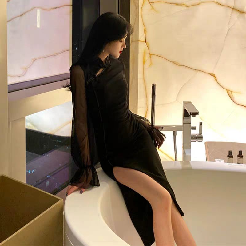 đầm sườn xám đen xẻ tà quyến rũ cao cấp trung hoa nữ dự tiệc