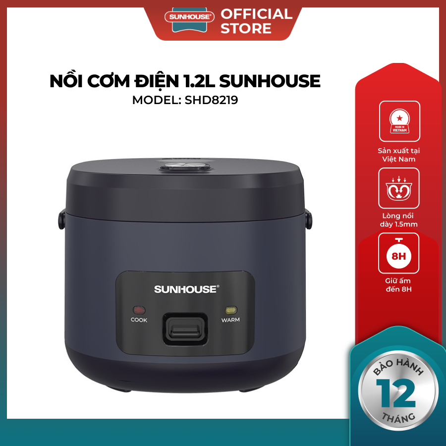 Nồi cơm điện 1.2L Sunhouse SHD8219 - Công suất 500W - Chống dính Whifort an toàn - Phù hợp 2-4 người - Giữ ấm đến 8h