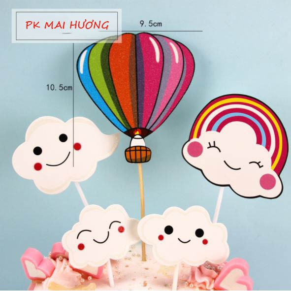 Trang Trí Bánh Sinh Nhật, Bánh Kem Cho Bé Trai Bé Gái - Set Thẻ Cắm Khí Cầu Mây