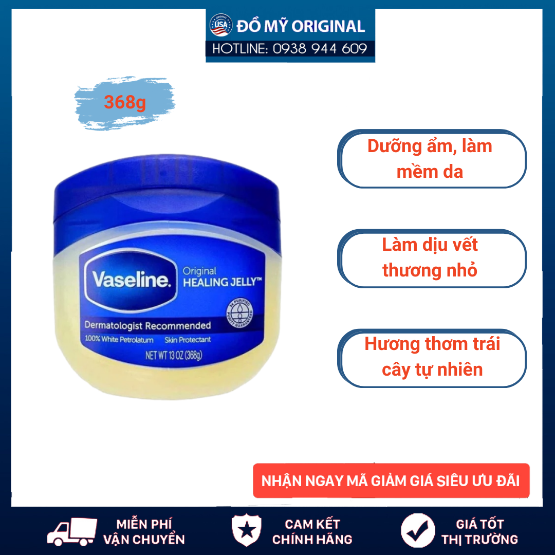Sáp Vaseline 100% Pure Petroleum Jelly Original 368g Hàng Nhập Mỹ Dưỡng Ẩm Làm Mềm Lớp Sừng, Làm Lành Các Vết Thương Ngoài Da Do Da Bị Khô, Nẻ