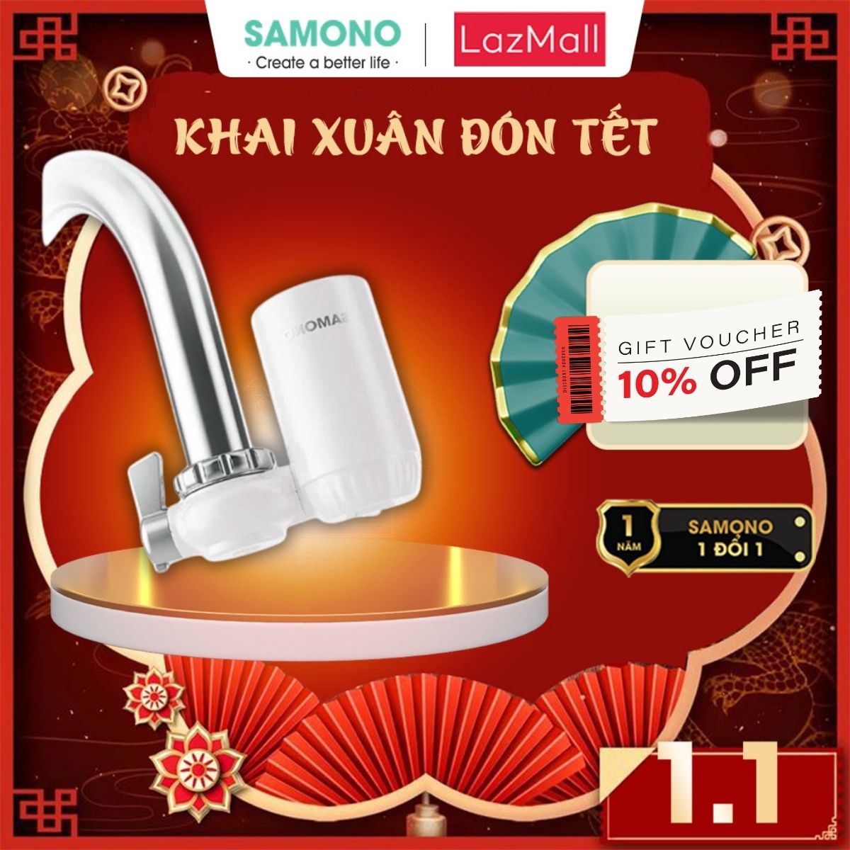 (BH 1 Năm)Samono Bộ lọc nước tại vòi 5 lớp lọc, ABS cao cấp hạt nguyên tử gốm và than hoạt tính đảm bảo sức khỏe, dễ dàng vệ sinh và lắp đặt SW-WPW02