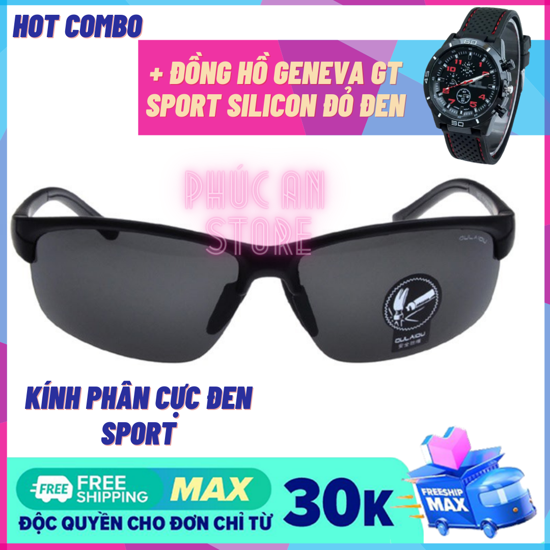 Combo Dành cho Nam Giới Yêu Thể Thao - Kính Phân Cực Đen Thể Thao Nhìn Xuyên Đêm + Đồng hồ Geneva GT Sport Silicon Đỏ Đen Cá Tính - Bộ đôi Phong Cách Giá cực hấp dẫn