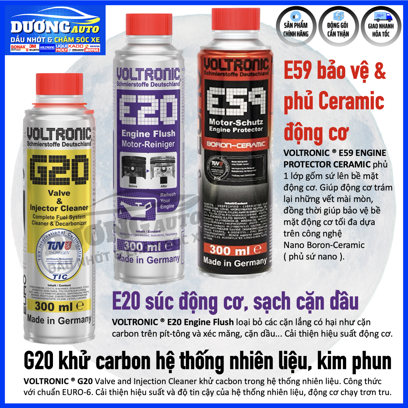 Phụ gia động cơ voltronic e59 phủ ceramic, e20 súc động cơ; g20 vệ sinh buồng đốt kim phun, voltronic e59 engine protector ceramic 300ml, voltronic e20, voltronic g20, phụ gia voltronic