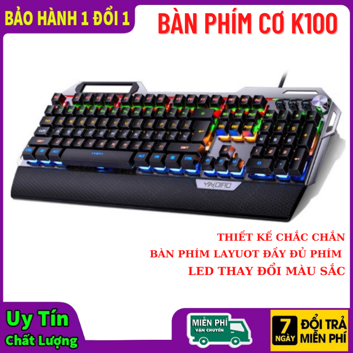 Bàn phím cơ Gaming K100 Full LED 7 màu thiết kế hợp kim nhôm bền bỉ với Full size 104 phím cơ cao cấp - BH 12 Tháng