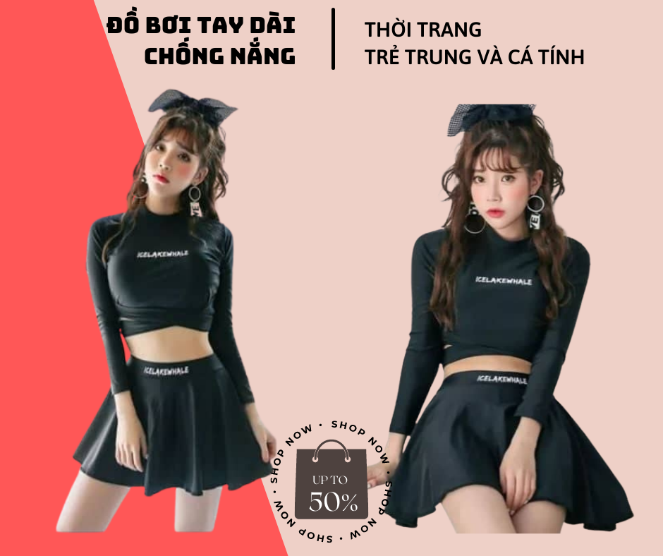 Đồ bơi tay dài nữ, đen 2 mảnh phối váy dây cột