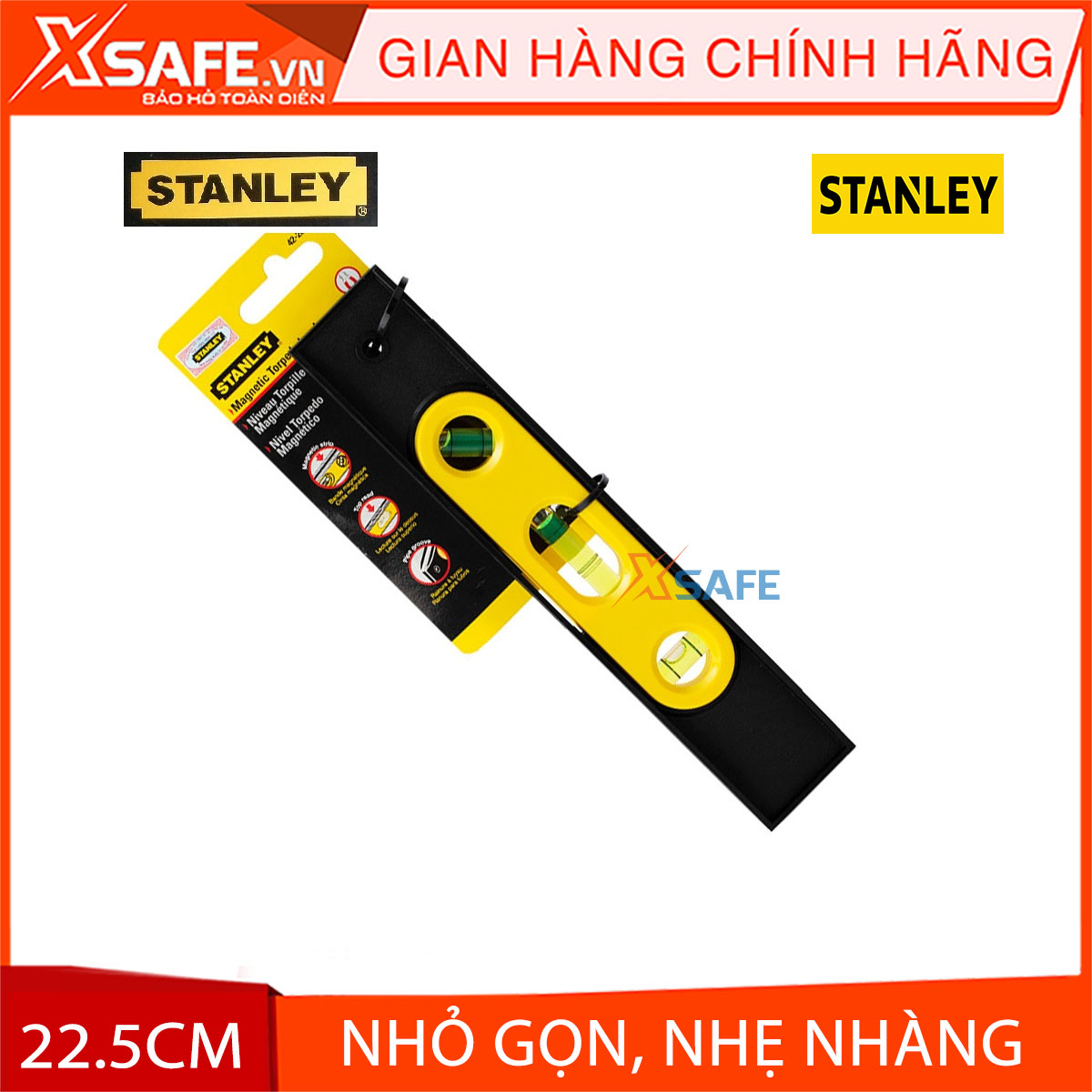 Thước thủy 9" stanley stht42264-8 22.5cm. thước thủy stanley cứng cáp, chắc chắn, thước chống công vênh, thước thẳng tuyệt đối, thước gắn nam châm, thước có 3 lọ đọc
