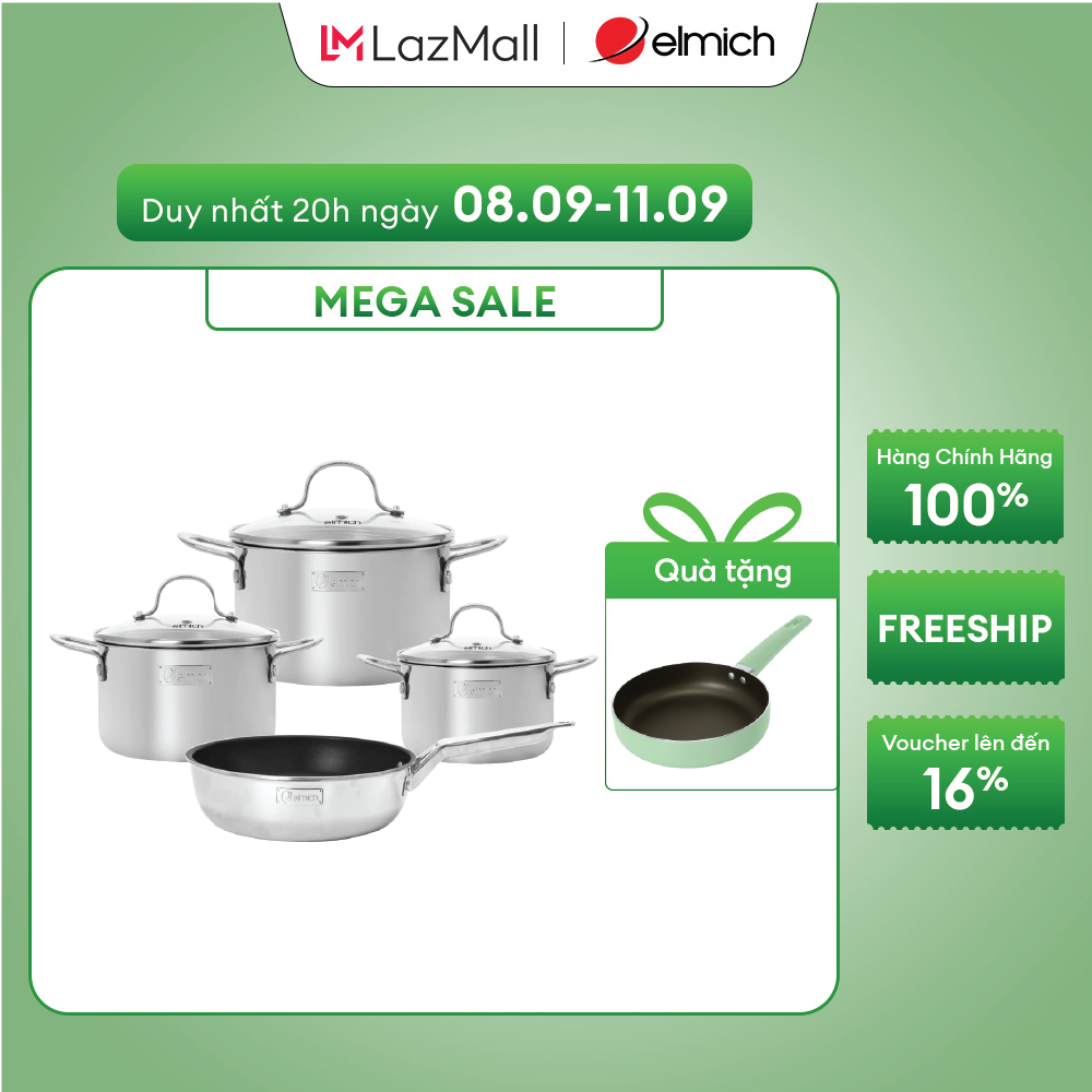 (Chỉ 19.09)Bộ nồi inox nguyên khối Elmich Trimax classic EL-2136OL03 size 18, 20, 24 chảo 24cm