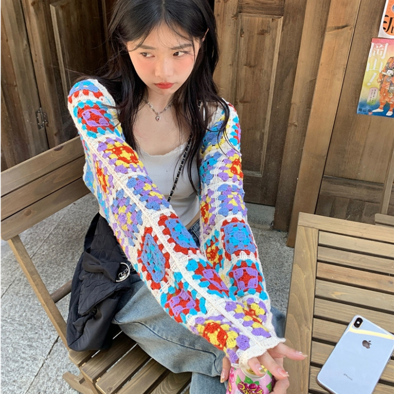 Áo khoác crochet đan móc sắc màu tay dài dáng croptop vintage hương mùa hè