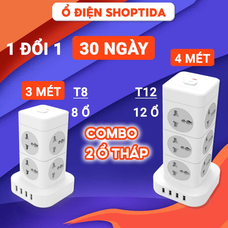 COMBO 2 Ổ Cắm Điện Đa Năng T8 / T12 SHOPTIDA Ổ Điện Hình Tháp Nhiều Lỗ Cắm Chịu Tải Cao 3600W Kèm 4 cổng USB Công Suất Tổng 17W Chất Liệu Nhựa An Toàn Chống Cháy, Các Lỗ Cắm Có Thanh Gạt Chống Giật, Dây Dài 3 Đến 4m