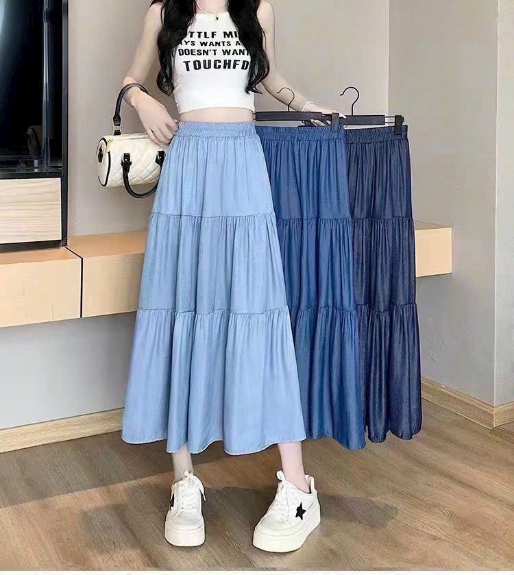 Chân váy nữ vải jeans lụa dáng dài 🦋 váy bò nữ cạp chun 3 màu 🦋 40-70kg