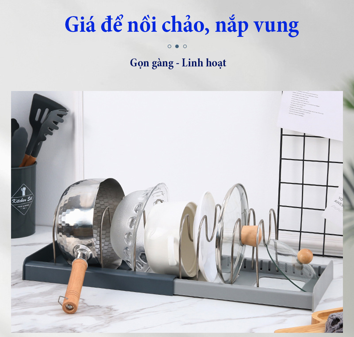 Giá úp vung nồi Giá úp nồi chảo Kệ để nắp vung xoong nồi có thể điều chỉnh độ dài và khoang chứa