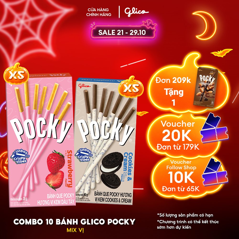 Combo 10 hộp Happy Set E Bánh Snack Que Phủ Kem Glico Pocky (5 Dâu - 5 Cookies  Cream)