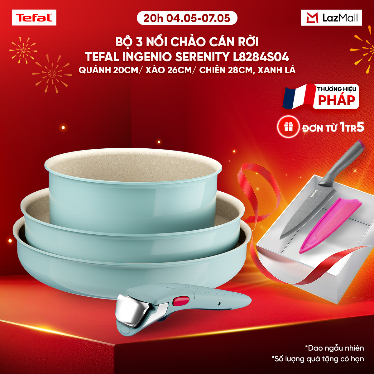 Bộ 3 nồi chảo cán rời Tefal Ingenio Serenity L8284S04, quánh 20cm/ xào 26cm/ chiên 28cm, xanh mint pastel (xanh lá nhạt)