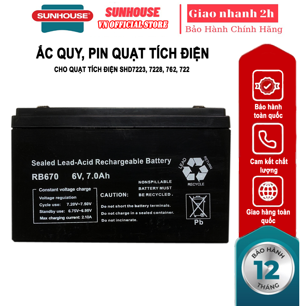 Ắc quy / pin thay thế cho quạt sạc tích điện Sunhouse model SHD7223 / 7228 / 722 / 762