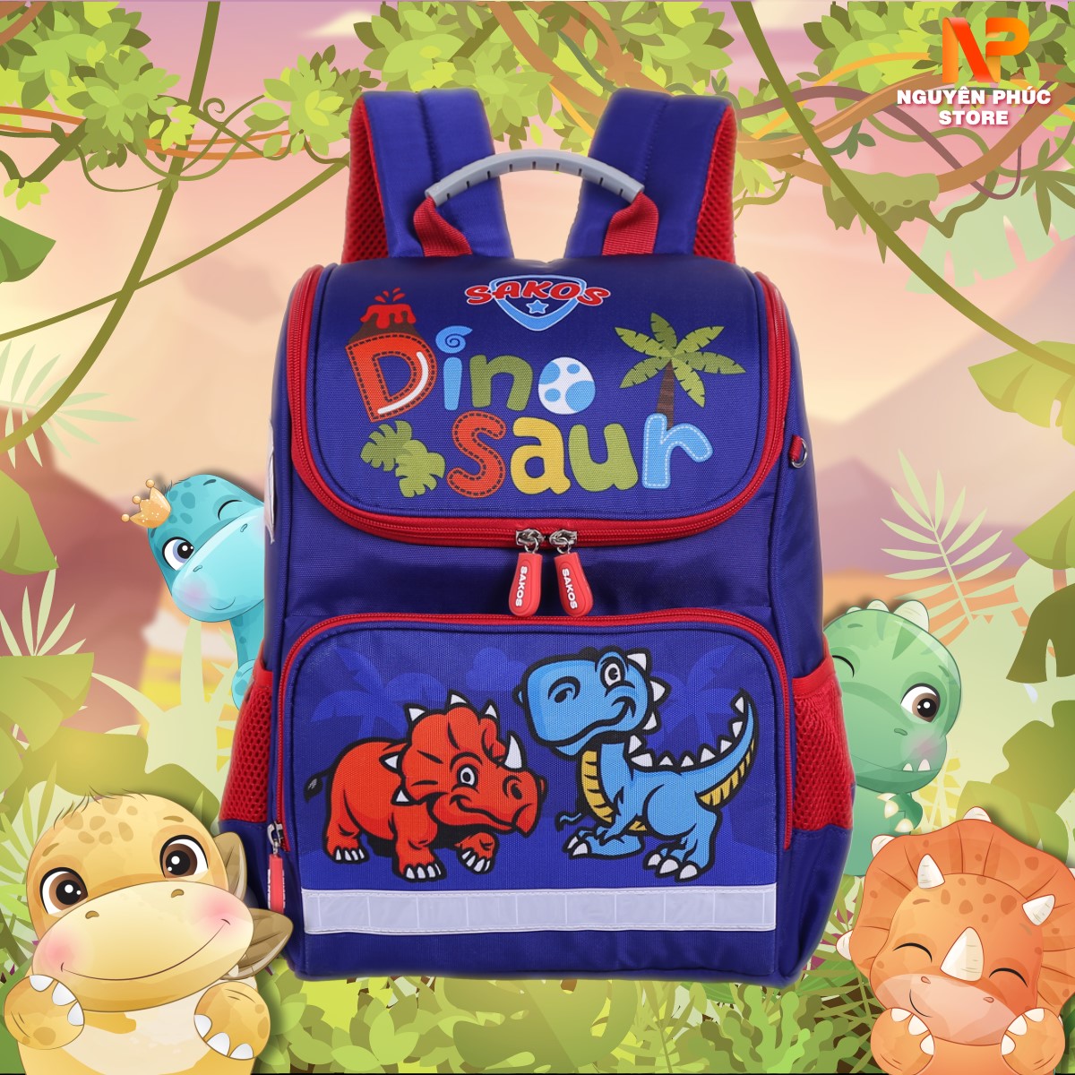 Balo Trẻ Em Đi Học Chống Gù Lưng Cho Bé Trai và Bé Gái (Xanh Dương Đậm) Sakos Simple - Siêu Nhẹ - Họa Tiết Khủng Long - Chống Nước Tốt.Bảo Hành Chính Hãng Sakos