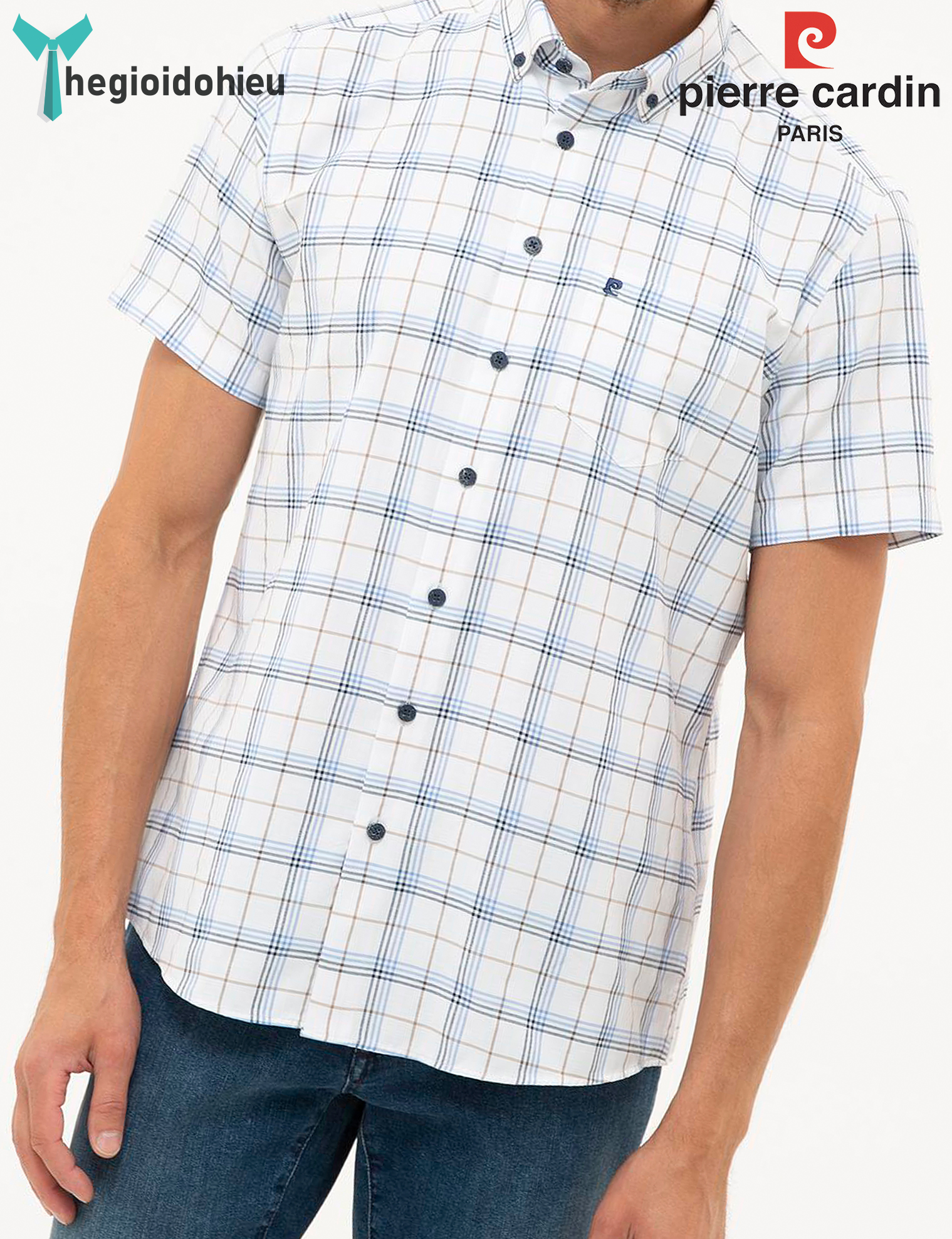 (Mẫu Mới 2024) Áo sơ mi nam ngắn tay Pierre Cardin PCShirt82 (Trắng caro) - Hàng nhập khẩu - Có túi