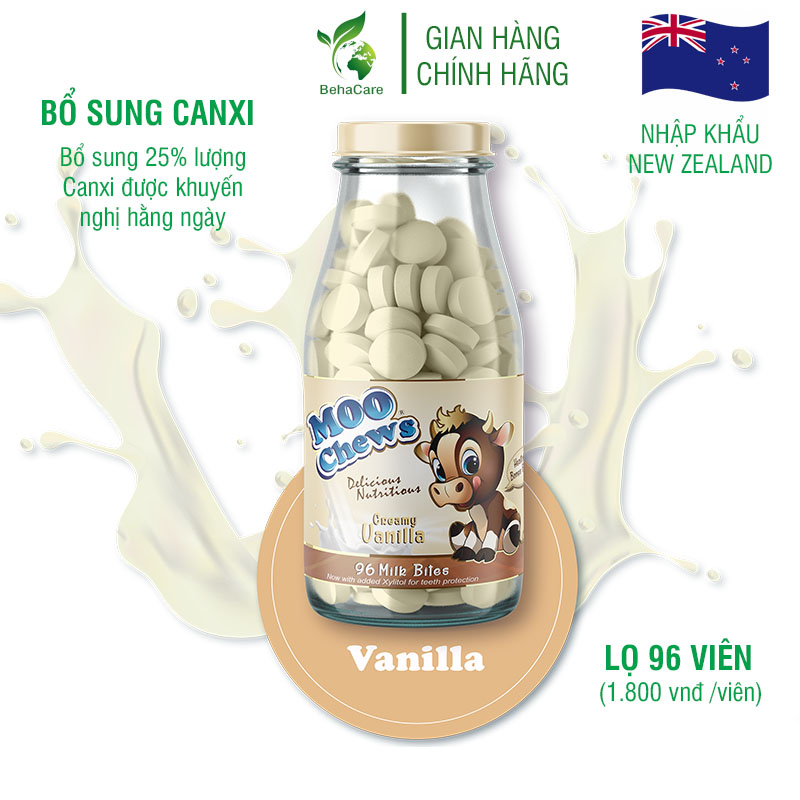 Viên sữa bổ sung canxi Moo Chews vị Vani, chai 96 viên. Viên kẹo hương vị thơm ngon tự nhiên