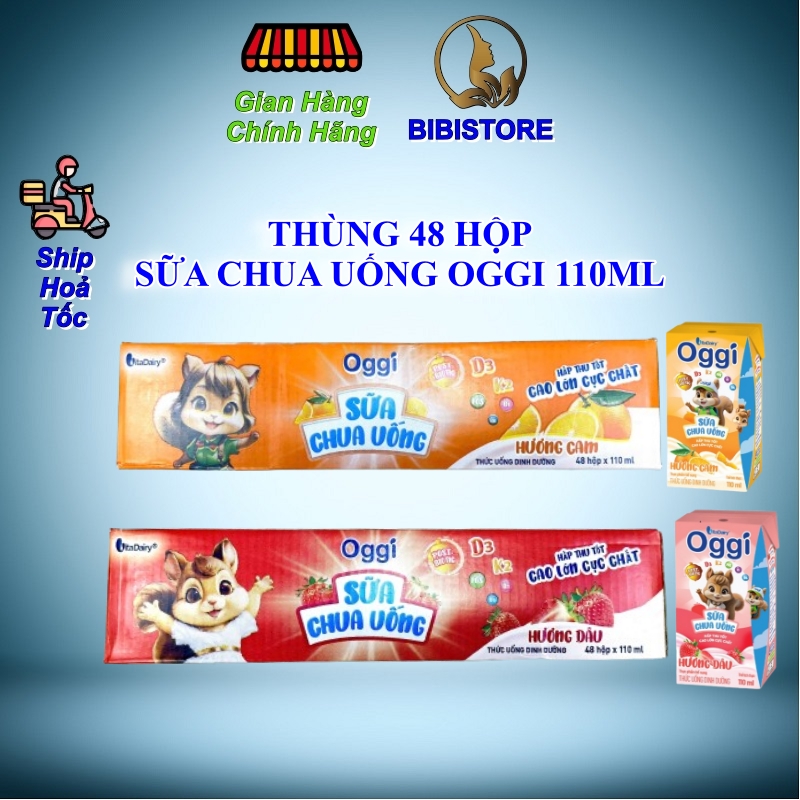 ̣(Thùng 48 Hộp 110ml) Sữa Trái Cây Oggi_Sữa Chua Uống Oggi Vị Dâu_Cam (Bibistore TB)