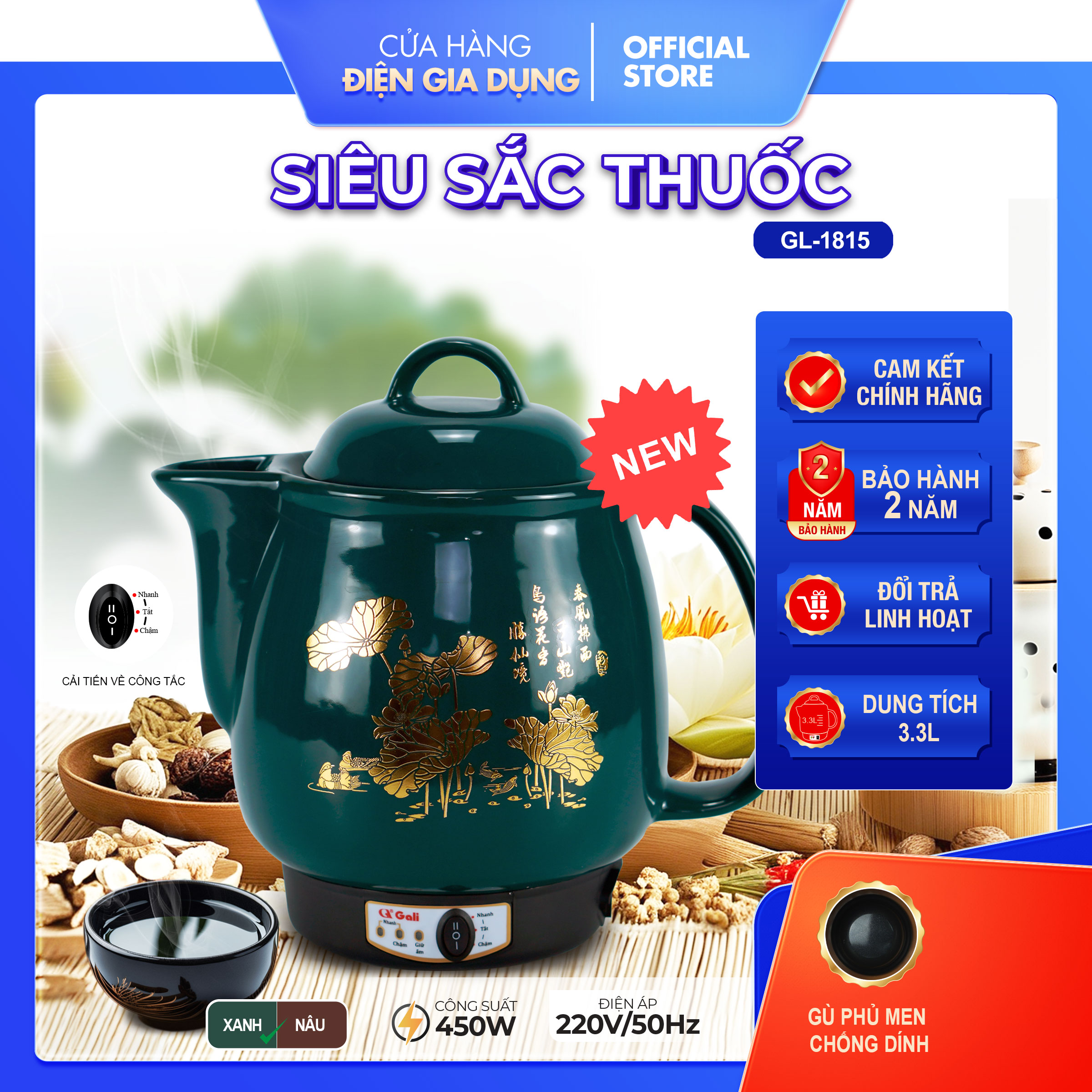 Ấm sắc thuốc nam bắc dùng điện gali, dung tích 3.3 lít 450w, nấu thuốc nhanh chậm theo nhu cầu, bảo hành 12 tháng chính hãng