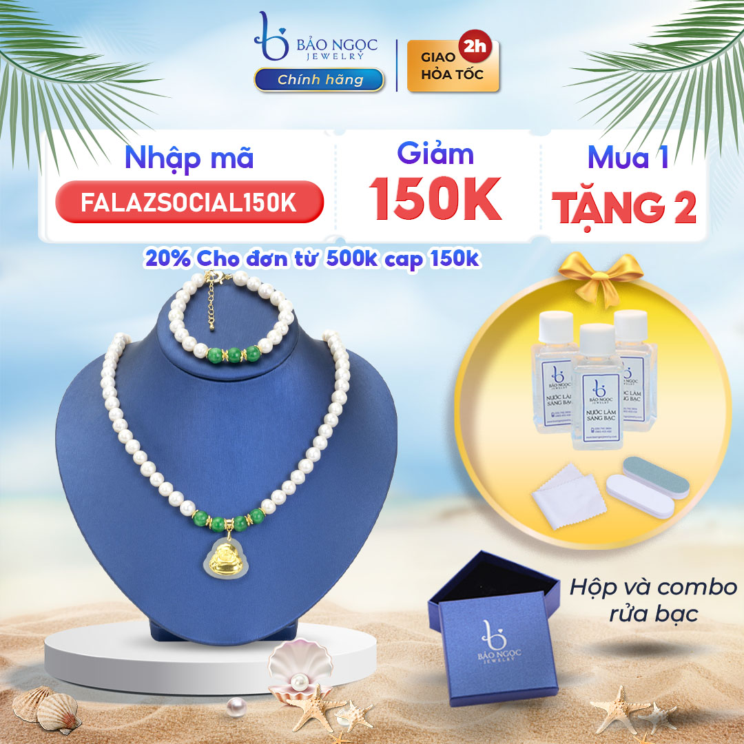 Vòng cổ ngọc trai thật, vòng cổ ngọc trai tự nhiên nước ngọt cỡ ngọc 8 ly hạt tròn mặt phật di lặc phong thủy - bnt2938 - bảo ngọc jewelry