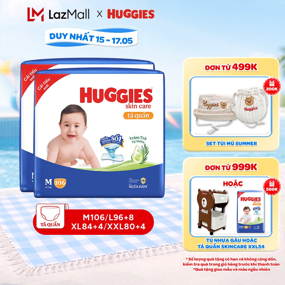 Combo 2 gói Tã/ bỉm quần Huggies Skincare Mega Jumbo M106/L100+4/XL84+4/XXL76+4 với tràm trà dịu da