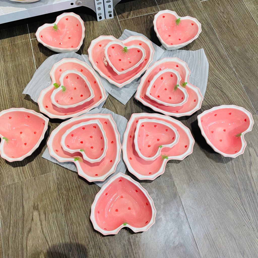 Bát đĩa decor, Bát ăn cơm, Chén Dĩa dễ thương tim dâu hồng siêu đẹp