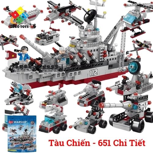 Lego tàu chiến 651 mảnh ghép - đồ chơi xếp hình tàu bảo vệ bờ biển - lắp ráp mô hình xe kéo, xe lu, xe cẩu các loại