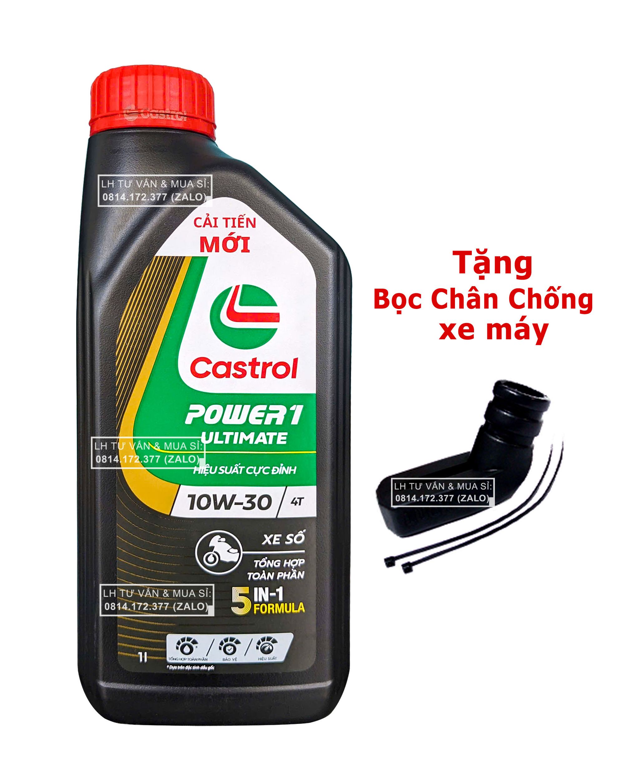 Dầu nhớt tổng hợp toàn phần xe số, xe côn tay Castrol Power-1 Ultimate 4T 10w30 (1L ) + Tặng bọc chân chống xe máy