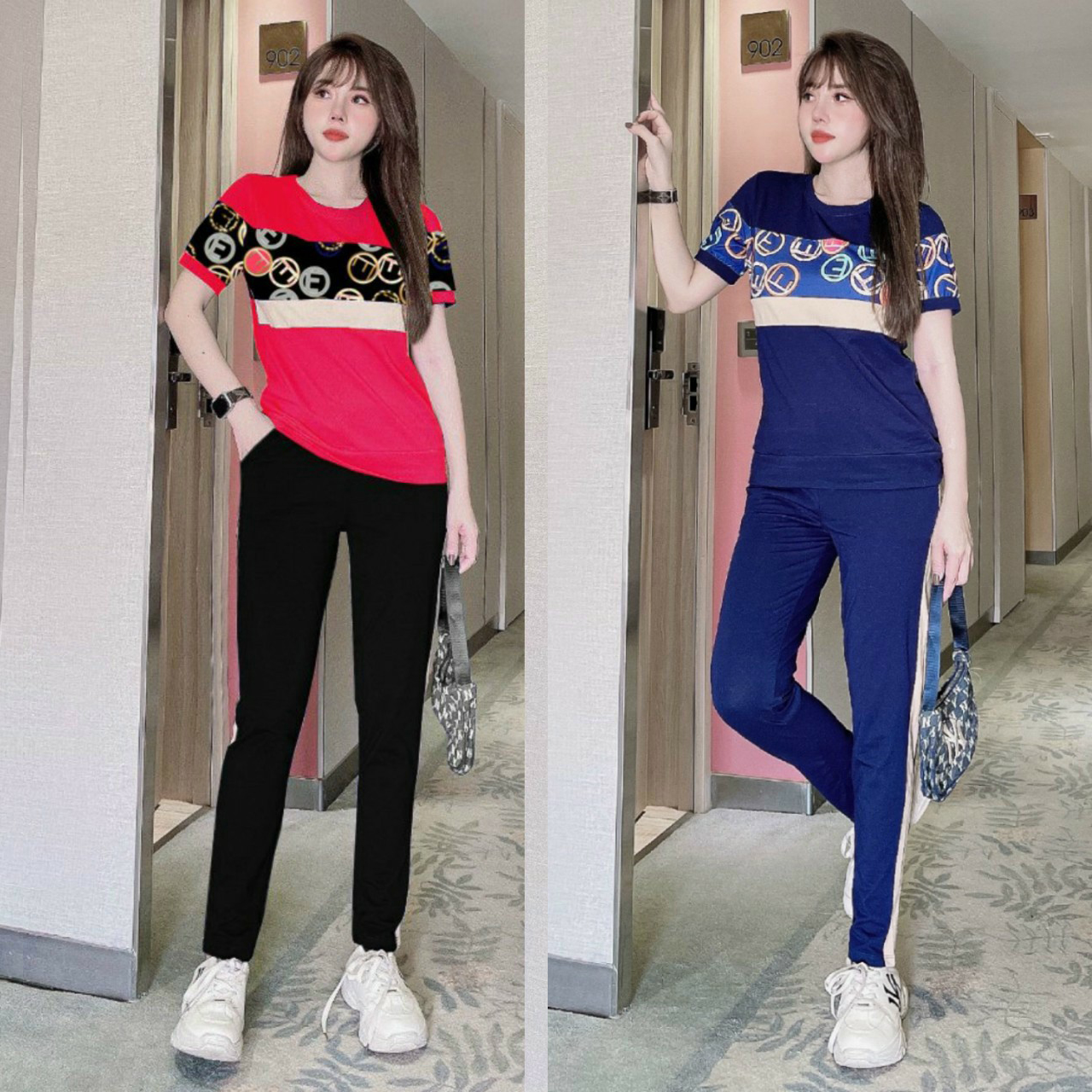 Đồ bộ dài thun cotton nữ họa tiết bóng F