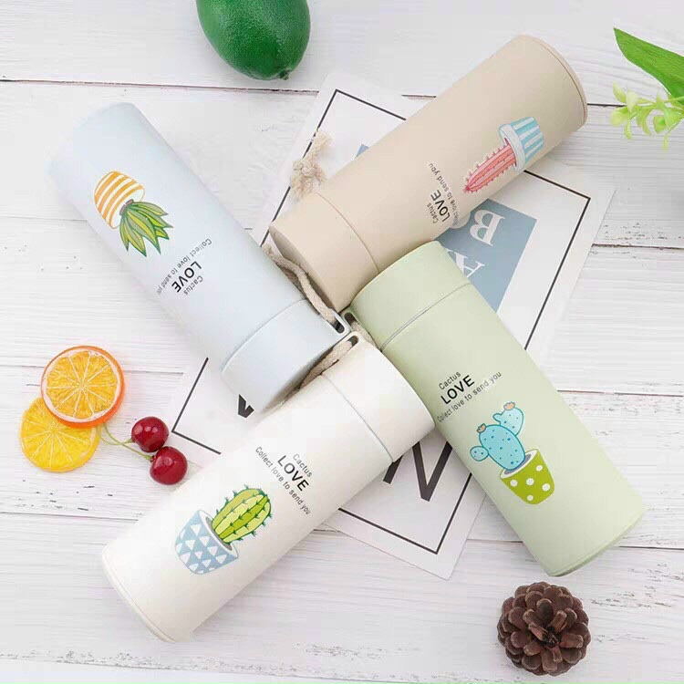Bình đựng nước thủy tinh 400ml vỏ nhựa lúa mạch in hình cây sương rồng xinh xắn