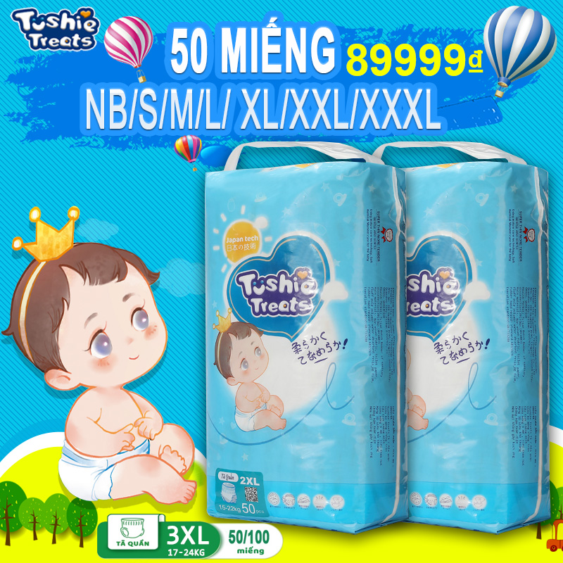 Tushie treats tã dán quần nội địa thêm miếng Newborn NB/50 S50/M50/L50/XL50/XXL50/XXXL50 cho bé từ 3kg ta quan 50 mieng giá rẻ ~