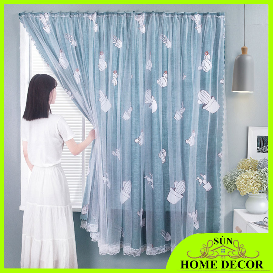 [MẪU xương rồng] Rèm treo tường che cửa sổ cực đẹp 2 lớp, dán tường ko cần khoan, Vải nền treo tường trang trí phòng, thảm nền chụp ảnh siêu xinh, decor tường phòng ốc