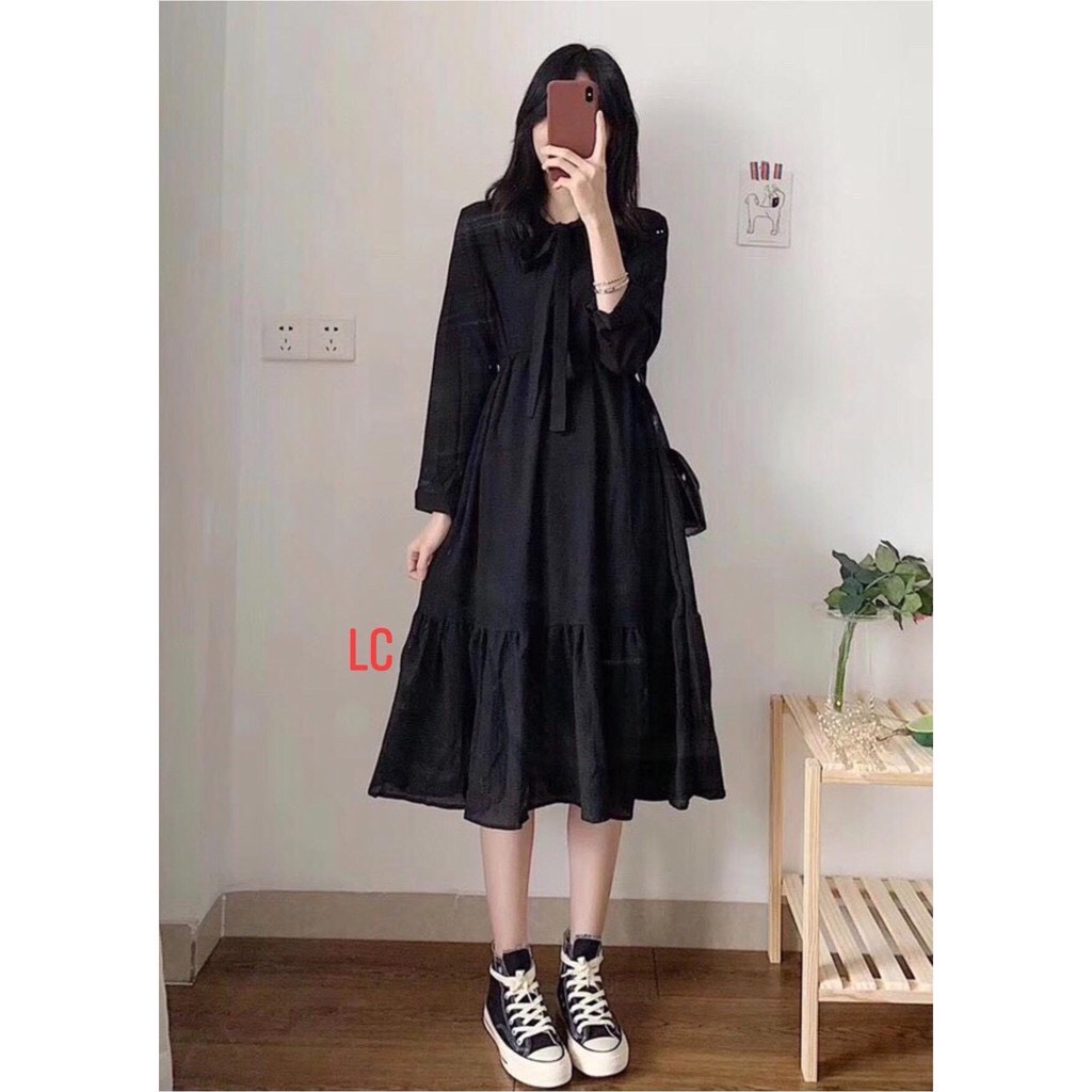 Đầm babydoll nữ form dài thắt nơ xinh xắn