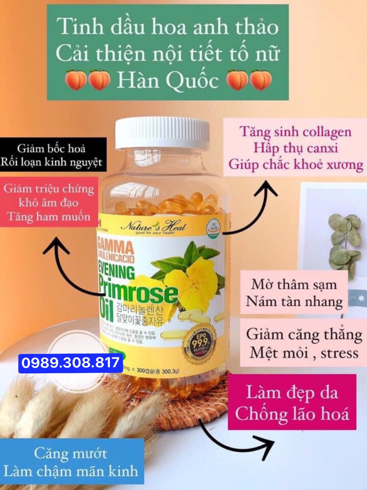 Lọ 300viên - Tinh dầu hoa Anh Thảo Hàn Quốc bổ xung nội tiết tố, giảm khô, tăng ham muốn phụ nữ