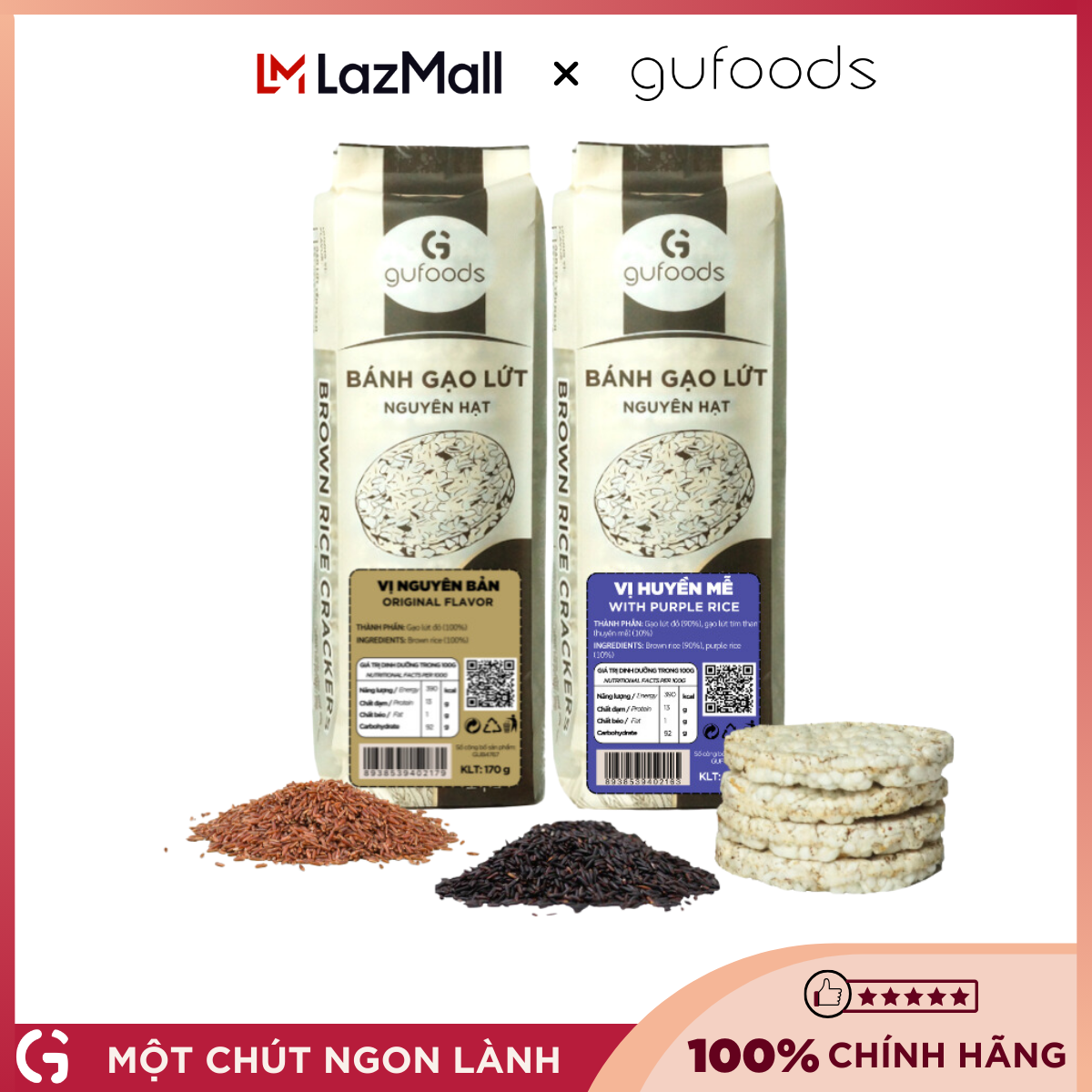 Combo 2 túi Bánh gạo lứt ăn kiêng GUfoods - Mix 2 vị Nguyên bản + Huyền mễ