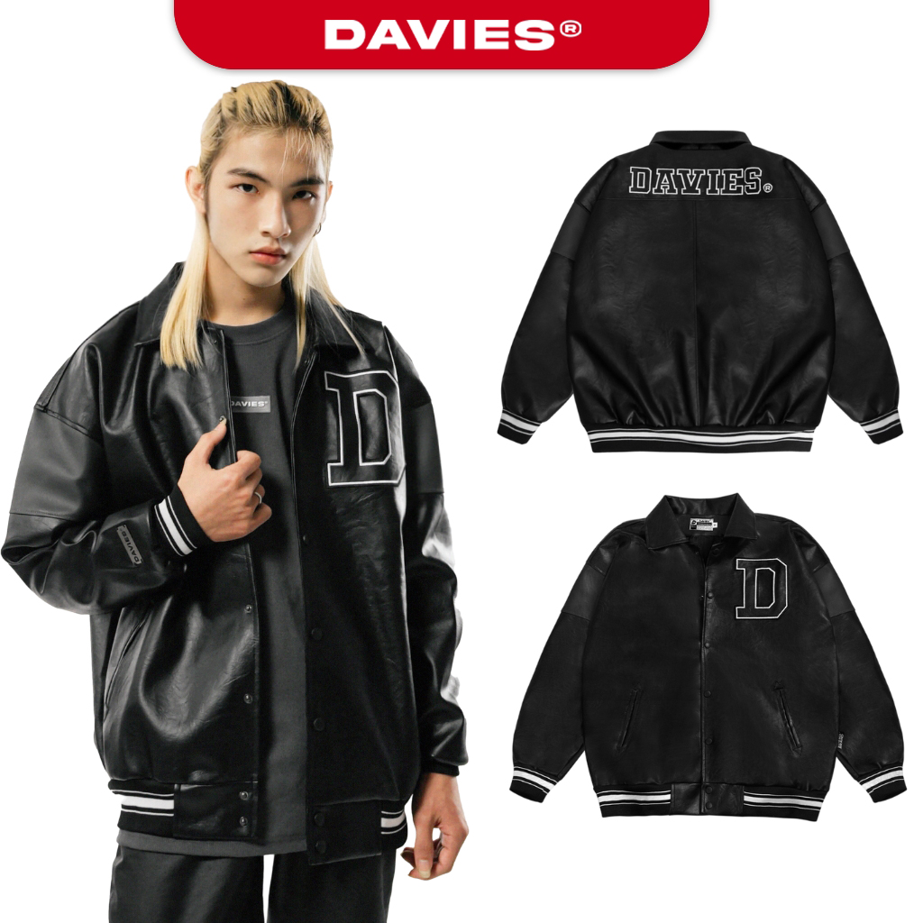 Áo khoác varsity jacket da thêu logo Davies màu đen BMG Leather local brand DAVIES |D22-AK4