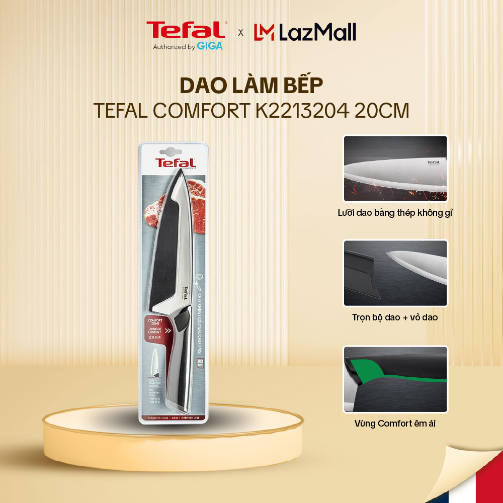 Dao làm bếp tefal comfort k2213204 20cm - chất liệu thép không gỉ bền bỉ