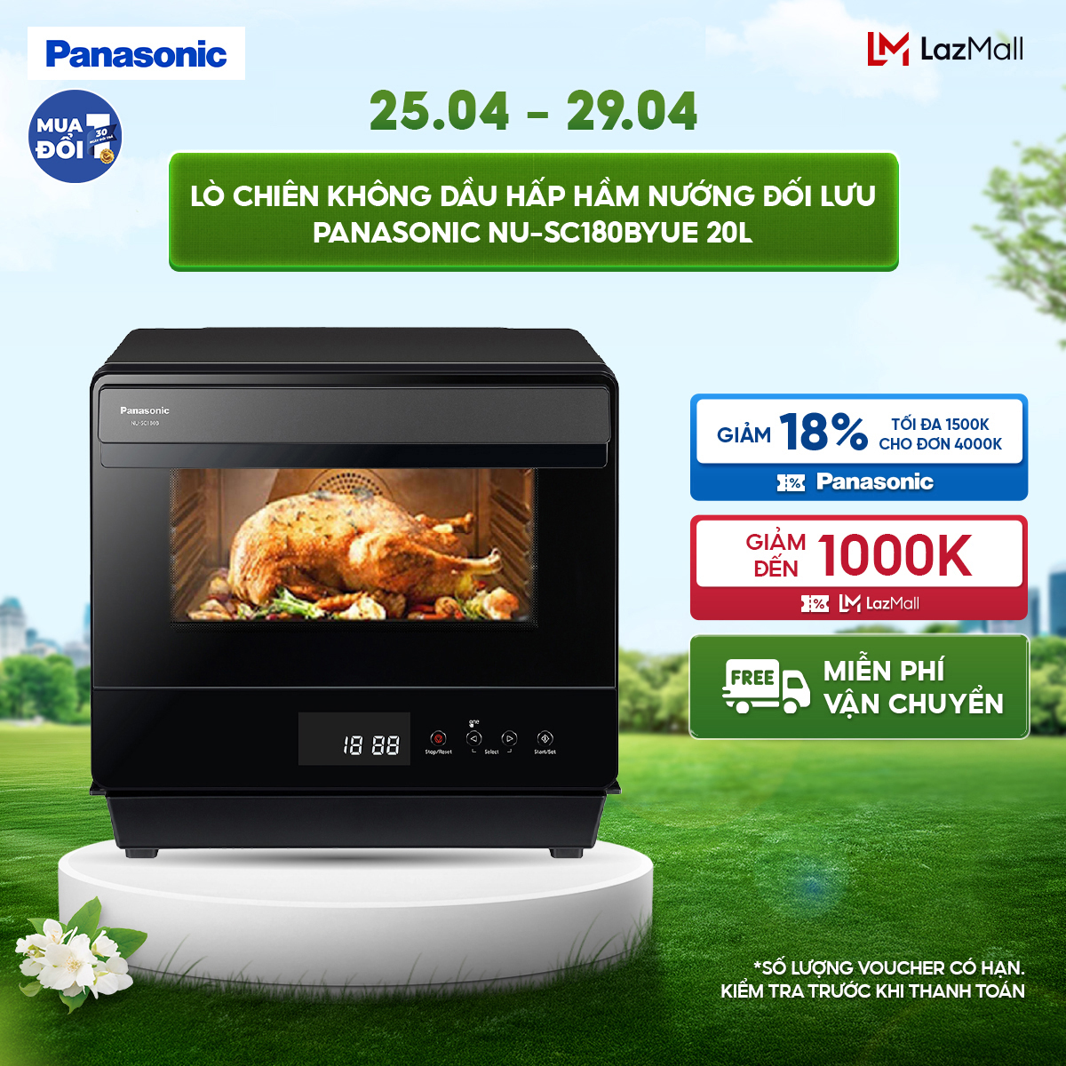 [Collect Voucher 1M trong Trạm Voucher][Trả góp 0%] Lò chiên không dầu hấp hầm nướng đối lưu Panasonic NU-SC180BYUE 20 lít