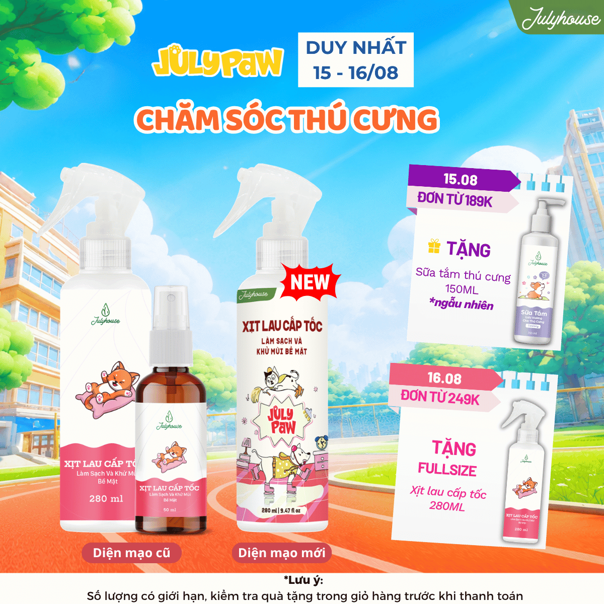 Nước lau sàn cấp tốc dạng xịt khử khuẩn khử mùi chó mèo 280ml JULYHOUSE kết hợp tinh dầu Oải Hương,Khuynh Diệp, Sả Chanh