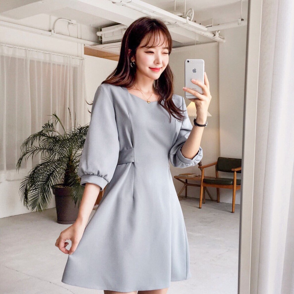 Dx139 - đầm xòe xám cổ vuông tay dài phồng cột eo form ngắn basic màu xám