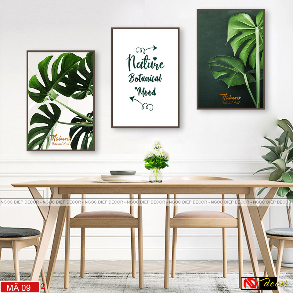 Tranh treo tường lá cây nhiệt đới 3 bức hiện đại phong cách Bắc Âu, tấm dày 1cm kích thước 20x30, tặng kèm đinh treo 3 chân