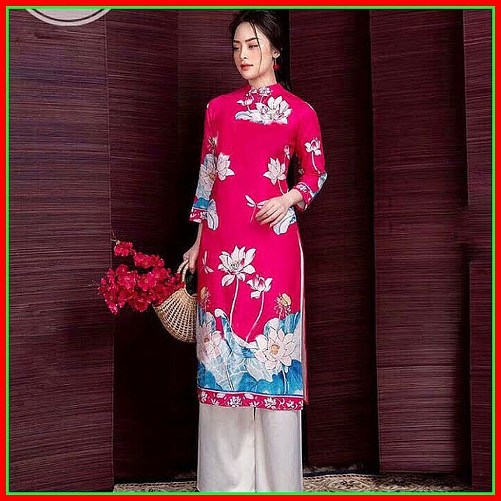 Áo dài cách tân sen hồng vải gấm tafta kết hợp quần lụa satin