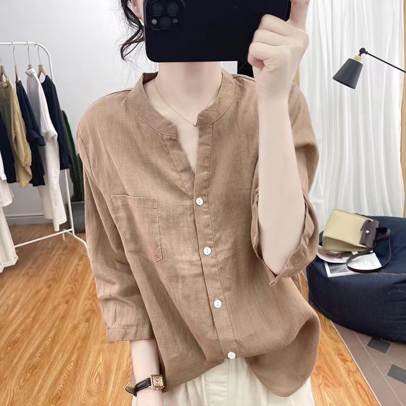 Sơ mi nữ cổ trụ phong cách vitage áo cổ tàu trẻ trung phong cách Hàn Quốc