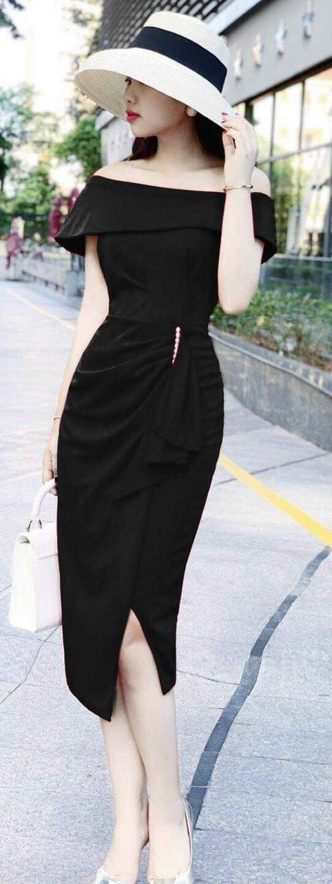 [HCM]Đầm bẹt vai đính cườm quá đẹp ba màu ( màu đen màu đỏ và màu vàng )