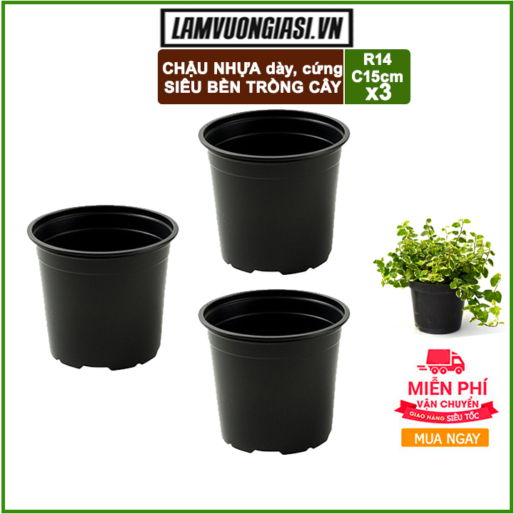 Bộ 3 Chậu nhựa cứng tròn trồng cây, hoa, kiểng lá- R14xC15cm màu Đen, thoát nước tốt, đa dạng kích thước